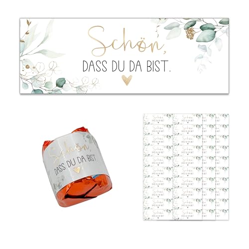 FloraVigo 100 Aufkleber Schön dass du da bist Gastgeschenkaufkleber Eukalyptus Pralinenaufkleber für Taufen Gastgeschenke Geburtstage Kommunionen Hochzeiten (Grün)