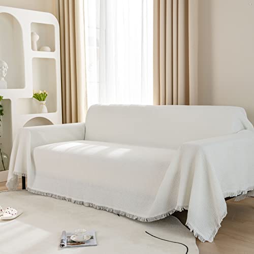 LHGOGO Extra große Waffel Sofadecke 180x340cm Große Sofa Cover Vielseitige Wohndecke als Sofa Überwurf, Überwurfdecke, Sofa Überzug und Tagesdecke mit dekorativen Quasten, Weiß