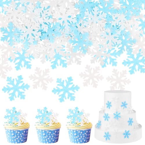 Lot de 50 décorations de gâteau comestibles en forme de flocons de neige La Reine des Neiges - Pour anniversaire, mariage, Noël (bleu + blanc)