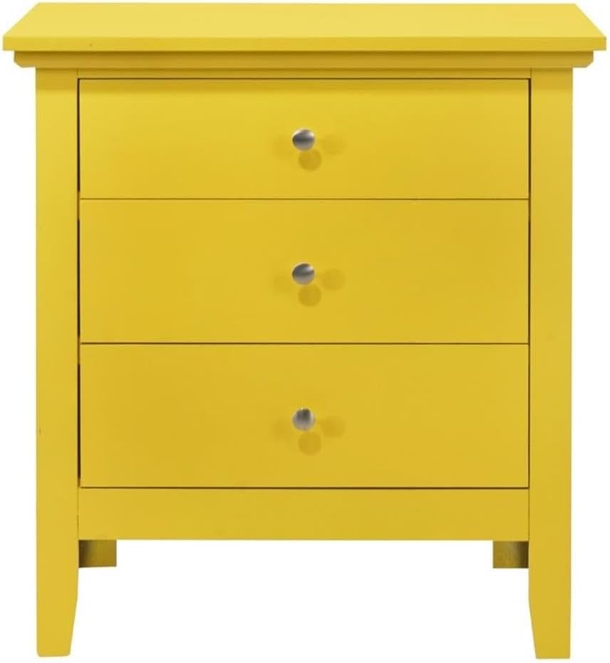 Pemberly Row Contemporary Solid Wood Nightstand, 3 Drawers, Yellow Finish, Wood Veneer Construction, Nickel Hardware, 26 in H x 24 in W x 18 in D, Fully Assembled Bedroom Furniture