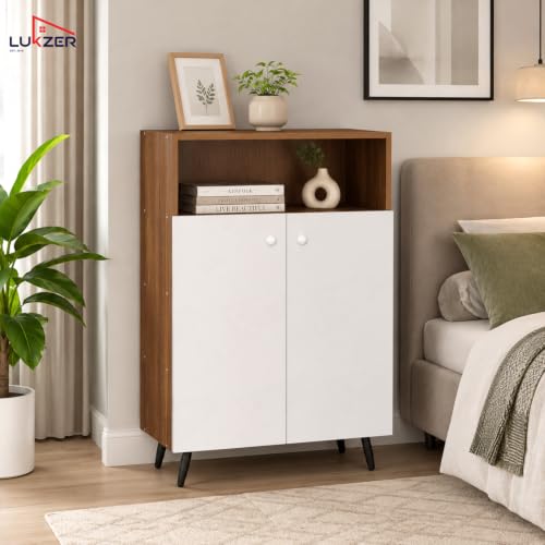 Image of Lukzer Wooden Book Shelf & Storage Cabinet with White Doors (MR-034 /Oak Brown) Engineered Wood Bookshelf for Home, Bedroom, Office & Kitchen, Multipurpose Books Organizer & Display Rack (90x30x60 cm)