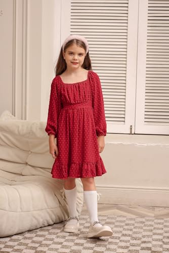 GRACE KARIN Girls Ruffle Tiered Dress Long Sleeve Swiss Dot Flowy A-Line Dress 6-14Y