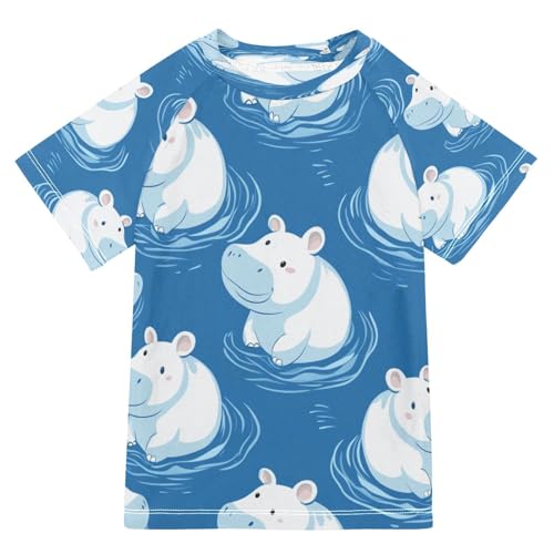 Boys Short Sleeve T-Shirts Hippo Blue Cartoon Animal Rashguard Kids Swim Shirts Sun UPF 50+