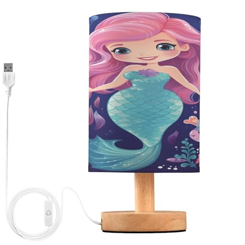 ALAZA Beautiful Mermaid Navy Blue Decor Bedside Table Lamp with USB Port for Bedroom Nightstand Office Desk LED Bulb Included