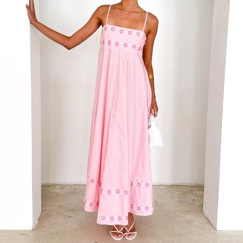 Women's Spaghetti Strap Dress 3D Flower Stylish Sleeveless Loose Fit Long Dresses Summer Beach Party Maxi Dress3