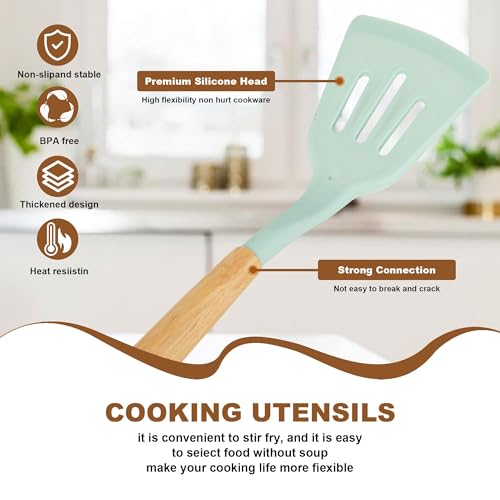 Wenrescry Juego de utensilios de cocina de silicona de 12 piezas, antiadherentes, de grado alimenticio, color verde algas (verde algas marinas) - imagen 7