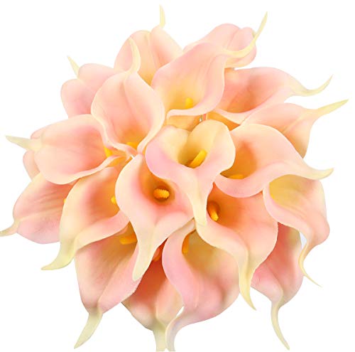 Duovlo 20 x Calla-Lilien, Brautstrauß, Hochzeitsstrauß, Lataex, fühlt sich echt an, künstliche Blumen, Heimdekoration, Party-Dekoration (rosa/gelb) Cover