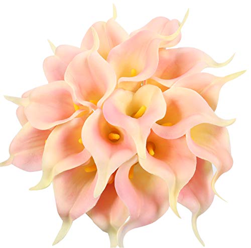 Duovlo 20pcs Calla Lily Bridal Wedding Bouquet Lataex Real Touch Artificial Flower Home Party Decor (Pink Yellow)