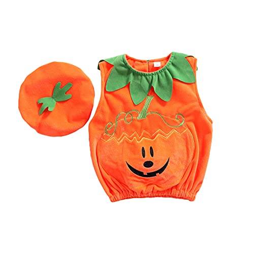 Geagodelia Halloween Baby Kleidung Jungen Mädchen Kürbis Strampler Ärmellos/Langarm Body Overall + Mütze Babykleidung Set Kürbis Oberteile Top Outfit (Orange B, 12-18 Monate)