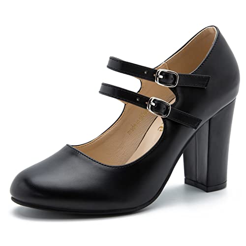 Women's Mary Jane Dress Shoes Double Strap Closed Round Toe Block High Heel Pumps