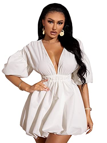 WDIRARA Womens Deep V Neck Puff Sleeve High Rise Flare Dress Elastic Waist Dress White Large