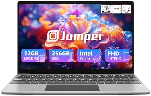 jumper Laptop, 12GB LPDDR4 RAM, 256GB SSD Laptops Computer, Intel Quad-Core Celeron J4105 CPU(Up to 2.5GHz), FHD IPS 1920x1080 Screen, 35.52WH Battery, Dual Speakers, HDMI, Expandable 256GB TF Card.