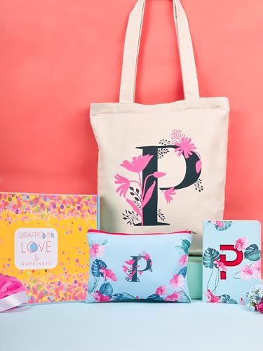 Image of DOODLE Monogram P Diary Gift Set with Tote Bag and Pouch | B6 Soft Bound Ruled Notebook | Stationery Gift Set for Women