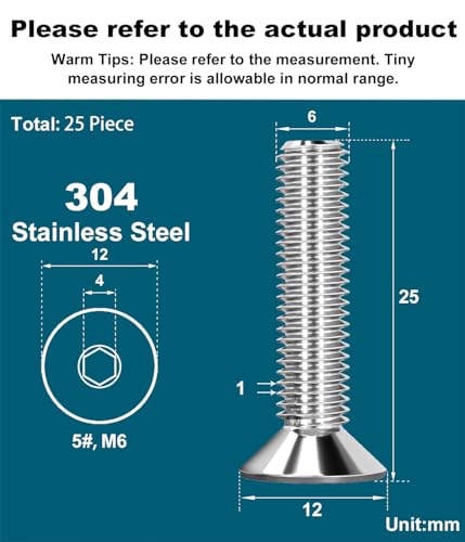 Drenky M6 X 25mm 25 Pcs Stainless Steel Countersunk Bolts with Hex Socket - Image 2