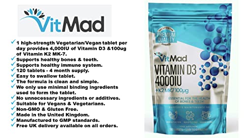 Vitamin D3 4000 iu & Vitamin K2 MK7 100μg – 4 Month Supply, 120 Easy-Swallow Vitamin D3 K2 Tablets, 1-A-Day High Strength D3 and K2 Vitamin Supplements, UK Made Vitamin D Tablets