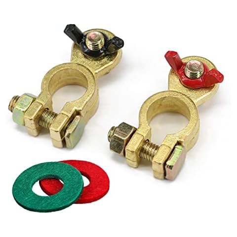 Universal Battery Terminal Connectors, Car Battery Cable Clamps Set Quick Release with Wing Nut,1 Pair Positive and Negative, Copper 12V/24V, Washers Included Cover
