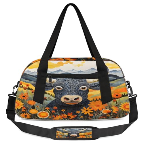 Abstract Cow Flower Field Mountains Waterproof Sports Gym Bag Portable Dance Gymnastics Work Out Bag Lightweight Travel Duffel Bag Overnight Weekender Bag