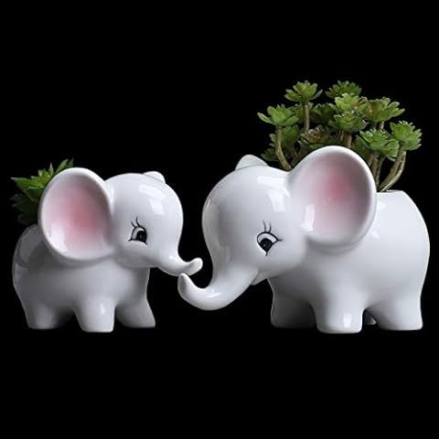 Ogrmar 2PCS Elephant Plant Window Boxes Cute Elephant Flower Pot/Modern White Ceramic Succulent Planter Pots/Tiny Flower Plant Containers Animal Decor Cover