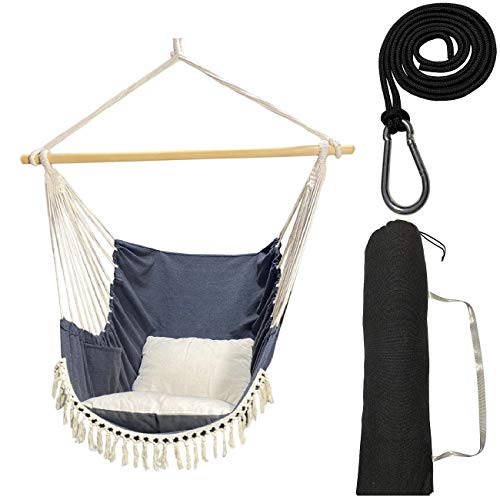 Hammock Chair Indoor and Outdoor Patio, Bedroom Swinging Seat Chair-Hammock Including Pocket,Large lace,Cushion, Rope, Hook and Carry Bag,390 LbsProvide You with Good Comfort and Safety.