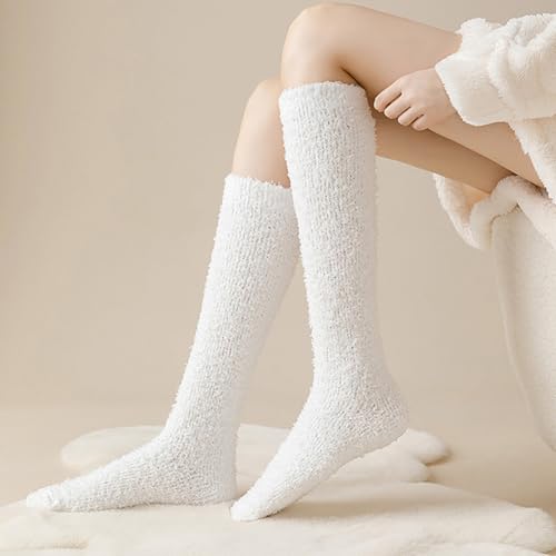 3 Pairs Fluffy Knee High Socks Long Winter Warm Socks Soft Fuzzy Thick Socks Christmas Slipper Socks Black White Khaki3