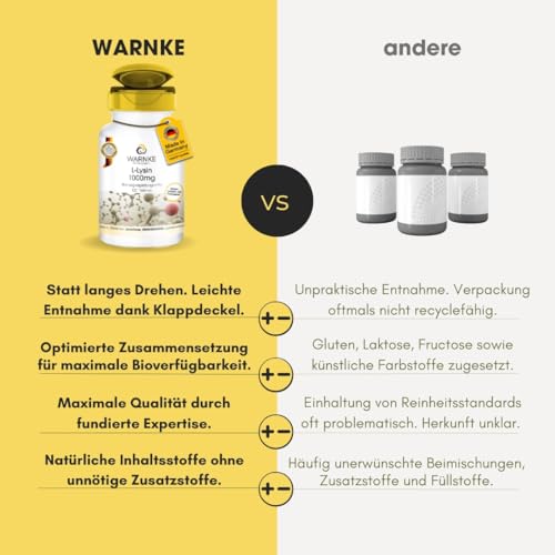 Lysin Tabletten - 1000mg - vegan - 100 Tabletten - Aminosäure | Warnke Vitalstoffe - Deutsche Apothekenqualität