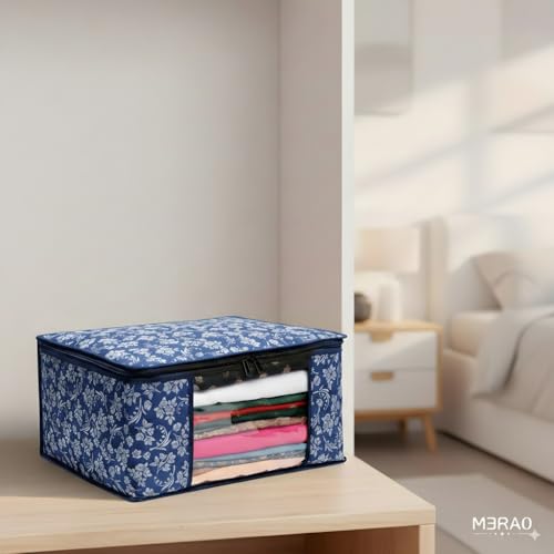Image of Large Capacity Non-Woven Storage Bags | Wardrobe Organizer for Clothes, Sarees & Blankets with Heavy-Duty Zipper | Set of 3 (Blue-Red-Grey) | Foldable Dust-Proof Closet & Bedroom Storage