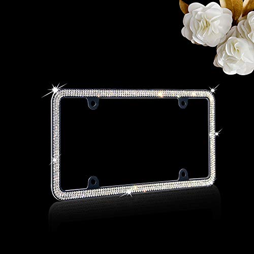 Jr2 3 Row 710+ Premium Sparking Rhinestone Metal License Plate Frame+4 Matching Screw Cap+4 Screws (White-Chrome Frame) #TOP1