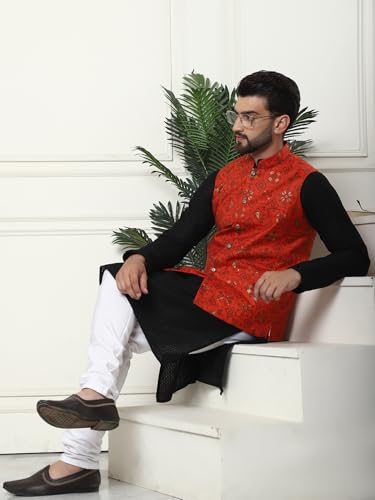 Image of SOJANYA (Since 1958 Men's Cotton Linen Maroon Kurta and White Pyjama with Mustard Cotton Nehru Jacket