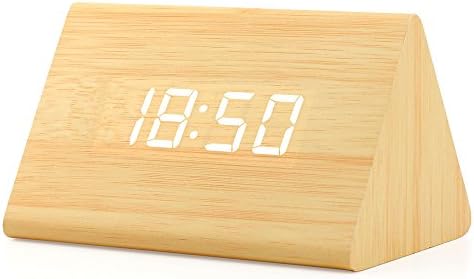 OCT17 Wooden Wood Clock , New Version LED Alarm Digital Desk Clock Adjustable Brightness, Alarm Time, Displays Time Date Temperature - Bamboo