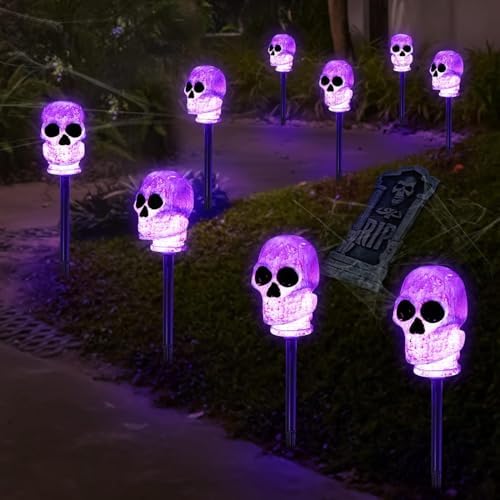 Halloween Solar Pathway Lights, 8 Pack Spooky Skulls Solar Torch Flame