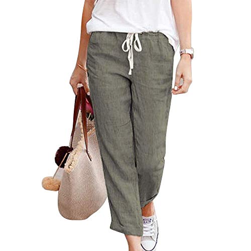BOLAWOO-77 Pantalons 7 7 pour Femmes Taille Haute Taille Haute Pantalon en Lin Léger Pantalon Décontracté Élastiqué Pantalon De Plage Pantalon Décontracté Sarouel Doux (Color : Grün, Size : M/De 34)