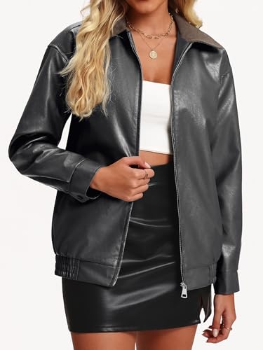 Women's Faux Leather Motorcycle Jacket Zip Up Casual Bomber Coat Fall Trendy Clothes2
