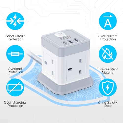 3M Extension Lead Cube With USB, BEVA 4 Gang Extension Socket With 3 USB Ports, Power Strip With Switch Multi Plug Extension with 3 Metre Long Cable For Home Office Travel - Image 5