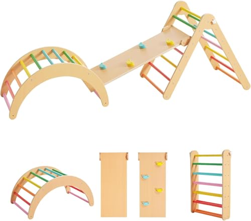 Image of Asweets 4 in 1 Pikler Triangle Gym, Montessori Foldable Climber with Ramp, Indoor Climbing Toys for Kids, Climbing Triangle for Toddlers Arch Climber, Rocker, Learning Waldorf Children Toy, Rainbow