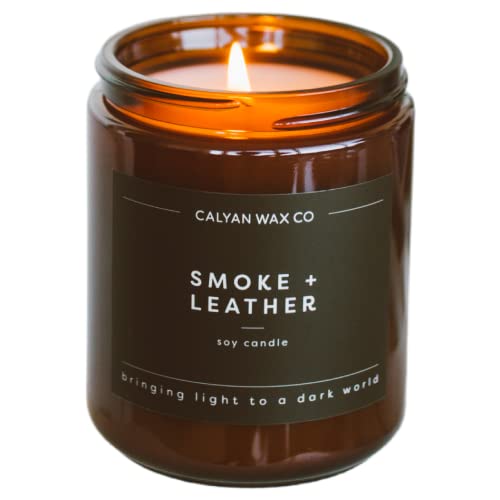 Calyan Wax Co. Soy Wax Candle, Smoke + Leather Scented Candle For The Home | Premium Candle With Essential Oils | 7.2 Oz 57 Hour Burn | Soy Candle In Amber Glass Jar | Aromatherapy, Gift #TOP29