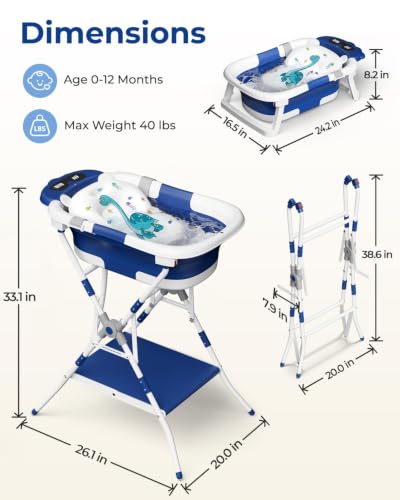 Image of 2-in-1 Baby Bath with Stand, Foldable Dinosaur Bathtub for Infant to Toddler, Portable Travel Tub with Soft Cushion for 0-18 Months, Navy Blue