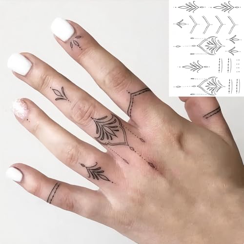 18 Sheets Fashion Y2K Geometric Lotus Arrow Temporary Tattoos For Men Women Adults Finger Hands, Waterproof Realistic Tiny Rose Flower Leaf Fake Tattoos Black Small Butterfly Sun Moon Tatoo Stickers