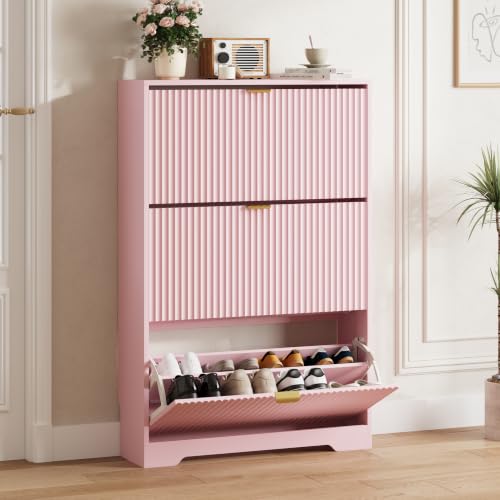 Image of HUANLEGO Shoe Cabinet Storage for Entryway with 3 Flip Drawer, Pink | Fluted Shoe Cabinet with Adjustable Shelves, Hidden Shoe Rack for Entryway, Freestanding Narrow Shoe Organizer for Hallway