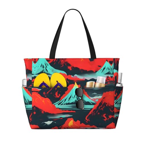 Volcano Bloom Large Beach Tote Bag Women Beach Tote Bag For Pool Gym Grocery Travel With Multiple Pocket