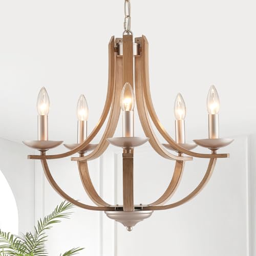 Avzkcy Farmhouse Candle Chandelier, 21 Inches Faux-Wood Grain Pendant Lighting