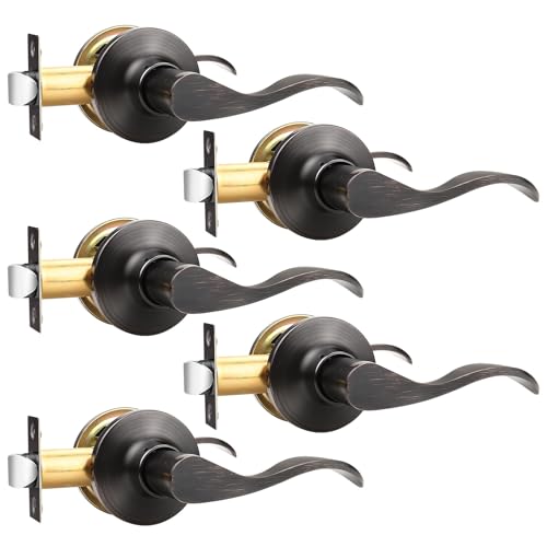 GOBEKOR 5 Pack Oil Rubbed Bronze Passage Door Levers Interior Door Handles for Hallway Closet Door Lock Keyless Passage Door Handles with Lock Modern Door Hardware