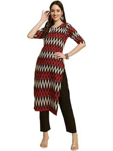 Image of Banshri Fashion Women's 3 /4 Sleeve Zigzag Round Neck Crepe Printed Kurta for Women