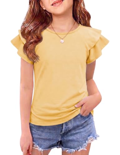Image of Girls T Shirts Ruffle Short Sleeve Round Neck Loose Blouse Summer Solid Color Casual Girl Tee Tops for 3-12 Years