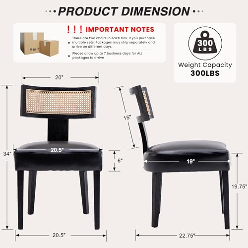 Image of HNY Mid Century Modern Rattan Dining Chairs Set of 2, Farmhouse PU Leather Upholstered Accent Chair Curved Backrest Kitchen Chairs, with Black Hardwood Frame, Black