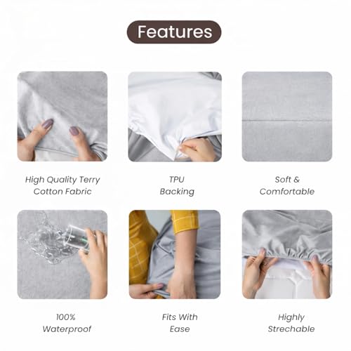 Image of Mattress Protector King Size, Terry Cotton Waterproof Bed Protector King Size, 78x72x8 Inch, Breathable Noiseless Ultra Soft, Elastic Fitted Mattress Cover | Bed Cover (Grey)