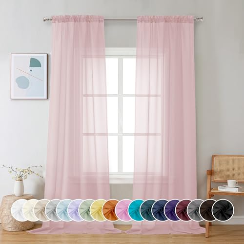 Image of Chyhomenyc Sheer Valance Tiers Curtains 2 Panels, Elegant Light Filtering Rod Pocket Voile Window Treatment Drapes for Living Room Bedroom Bathroom Farmhouse Patio Wedding, 42Wx96L, Blush Pink