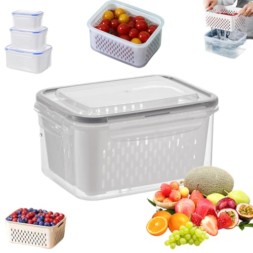 Household Transparent Plastic Food Storage Box-Including Drain Basket, 4 in 1 Food Storage Container with Lid, Breathable Fruit Containers for Fridge Keep Fresh,With Removable Colander (Grey,M)