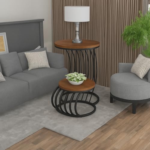 Image of End Table with Decorative Legs, in-Lay Top, Home Decor Accent Furniture -Tier Metal Coffee Table with Open Storage Shelf for Living Room (Black Brown)