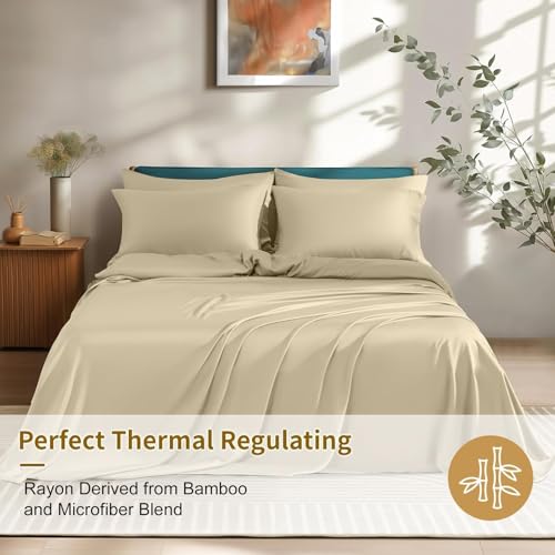 Image of Shilucheng 6 Piece California King Sheet Sets, Cooling Sheets, Blend Rayon Derived from Bamboo, Deep Pocket Up to 16 inch, Breathable & Soft Bed Sheets, Hotel Silky Bedding Set, Beige