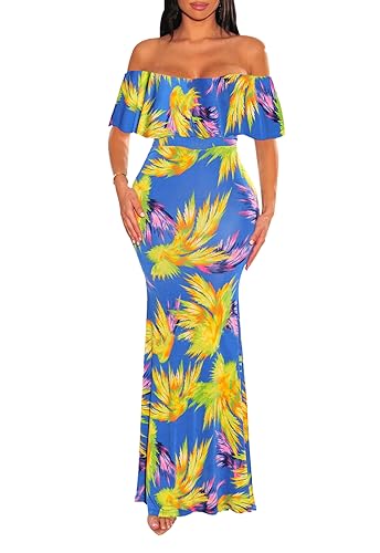 Women's Sexy Summer Off Shoulder Maxi Dress Floral Ruffle Evening